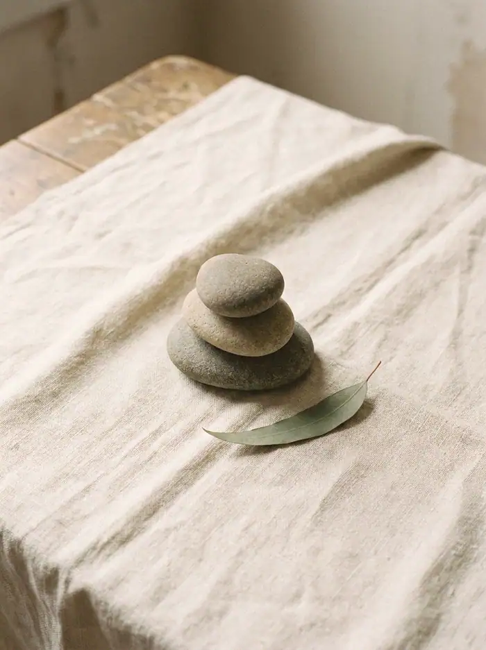 Three smooth river stones stacked on cream linen