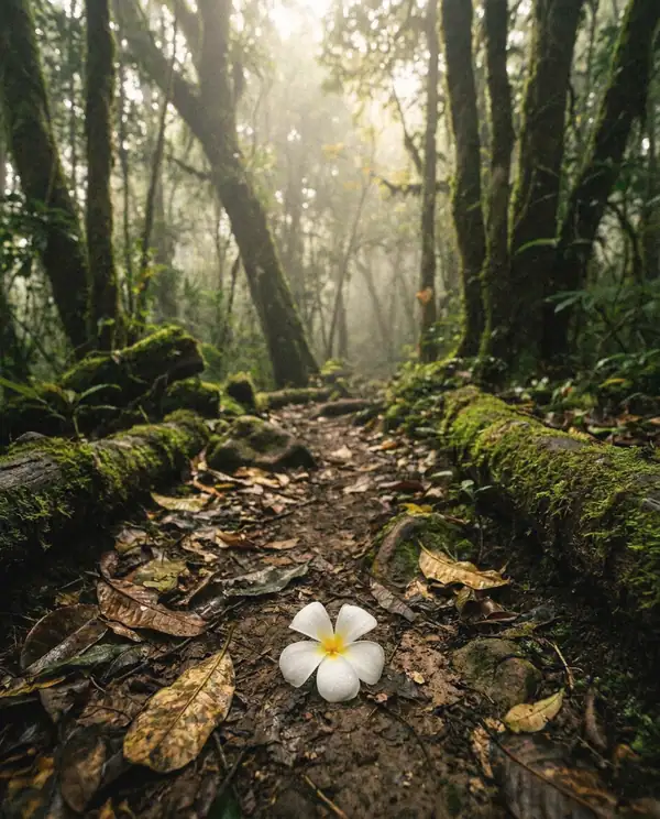 Unpaved forest path with a frangipani flower